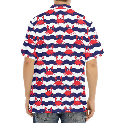 Blue And White Wave Crab Pattern Print Aloha Shirt