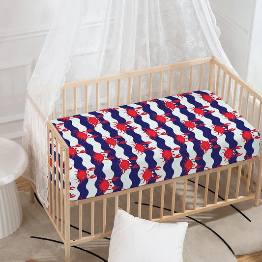 Blue And White Wave Crab Pattern Print Baby Crib Sheet