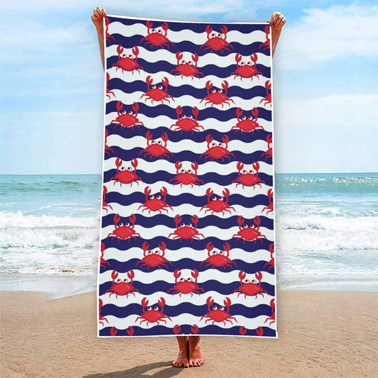 Blue And White Wave Crab Pattern Print Beach Towel