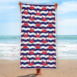 Blue And White Wave Crab Pattern Print Beach Towel