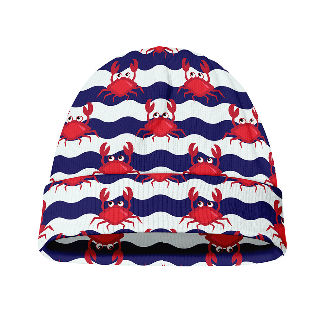 Blue And White Wave Crab Pattern Print Beanie