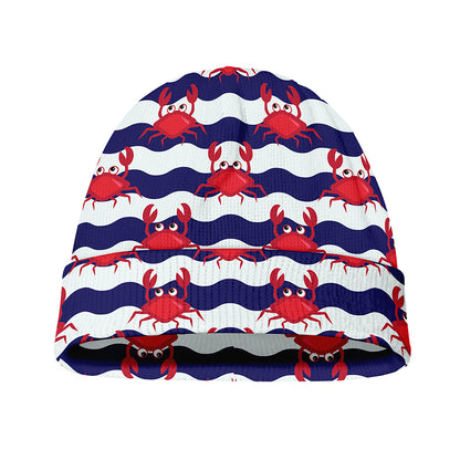 Blue And White Wave Crab Pattern Print Beanie