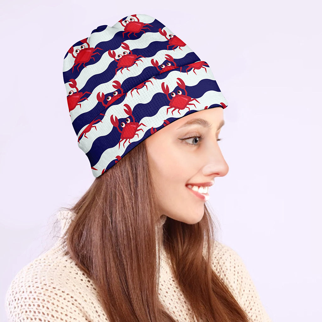 Blue And White Wave Crab Pattern Print Beanie