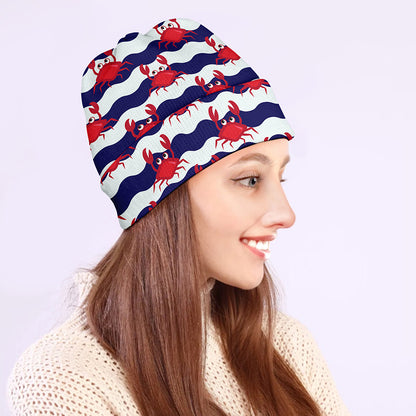 Blue And White Wave Crab Pattern Print Beanie