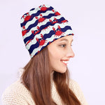 Blue And White Wave Crab Pattern Print Beanie