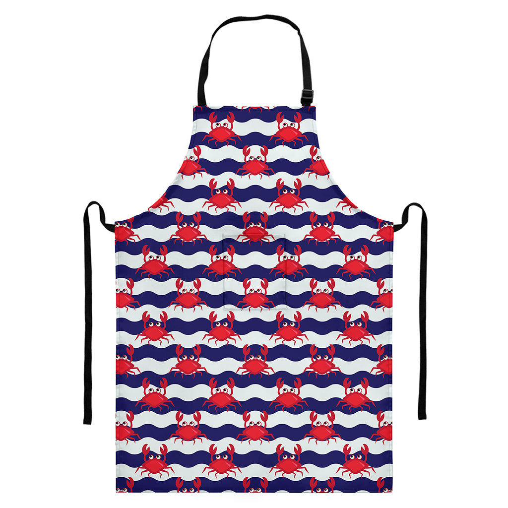 Blue And White Wave Crab Pattern Print Bib Apron With Pocket