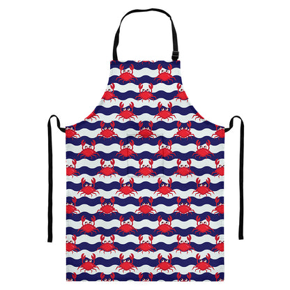 Blue And White Wave Crab Pattern Print Bib Apron With Pocket