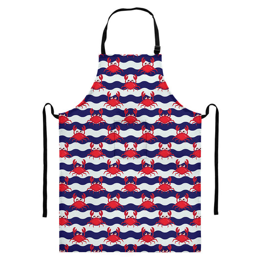 Blue And White Wave Crab Pattern Print Bib Apron With Pocket