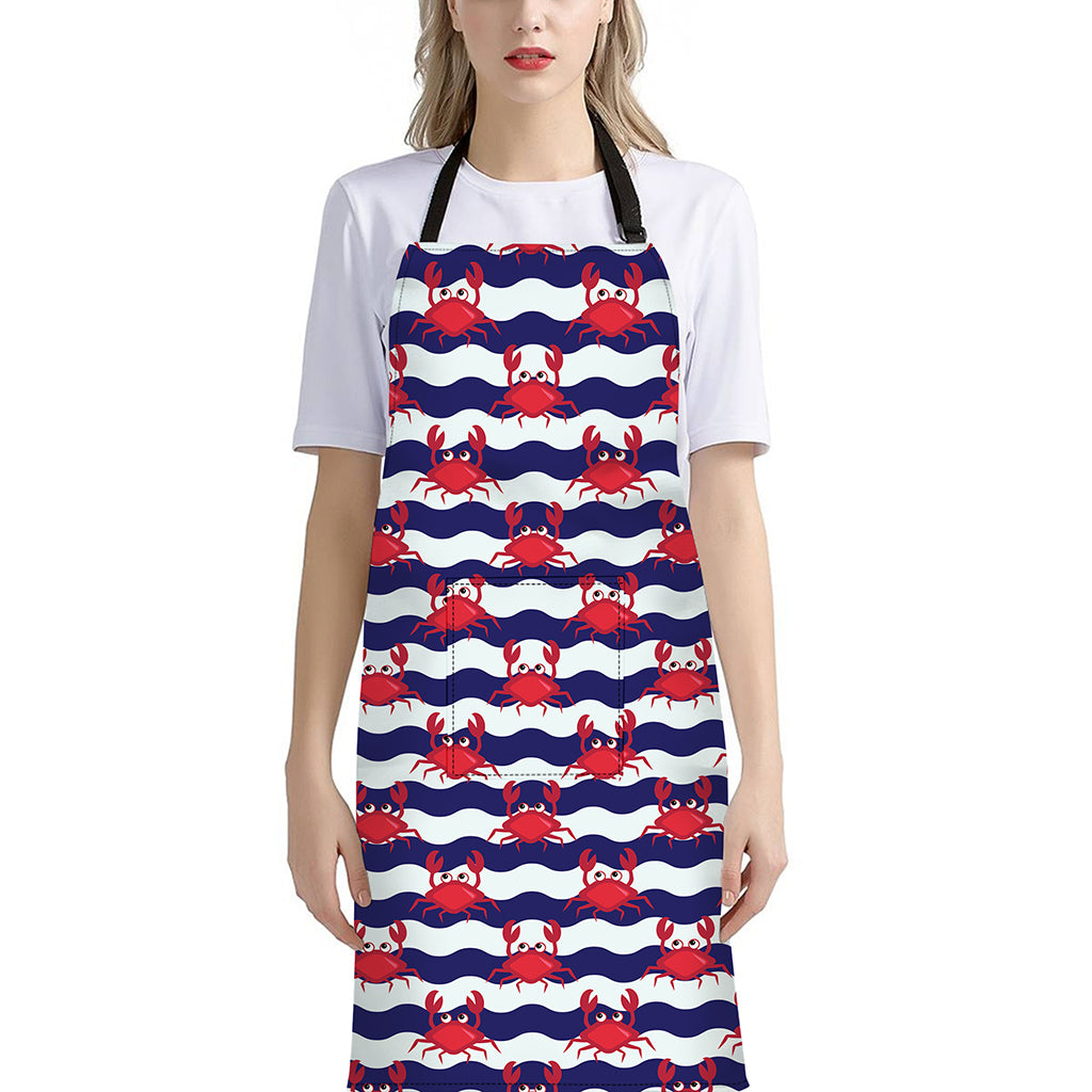 Blue And White Wave Crab Pattern Print Bib Apron With Pocket