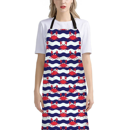 Blue And White Wave Crab Pattern Print Bib Apron With Pocket