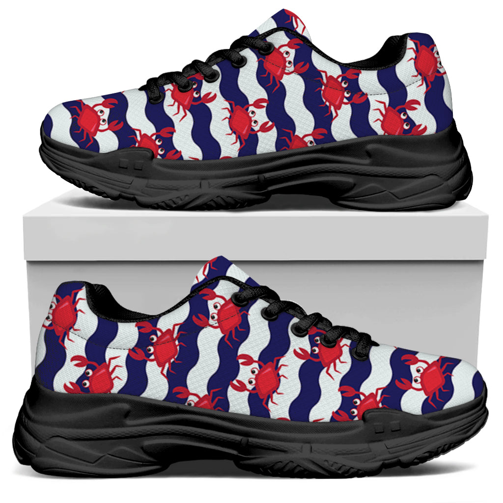 Blue And White Wave Crab Pattern Print Black Chunky Shoes