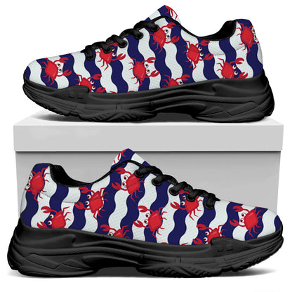 Blue And White Wave Crab Pattern Print Black Chunky Shoes