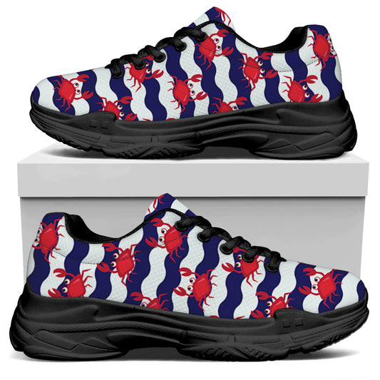 Blue And White Wave Crab Pattern Print Black Chunky Shoes