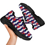 Blue And White Wave Crab Pattern Print Black Chunky Shoes