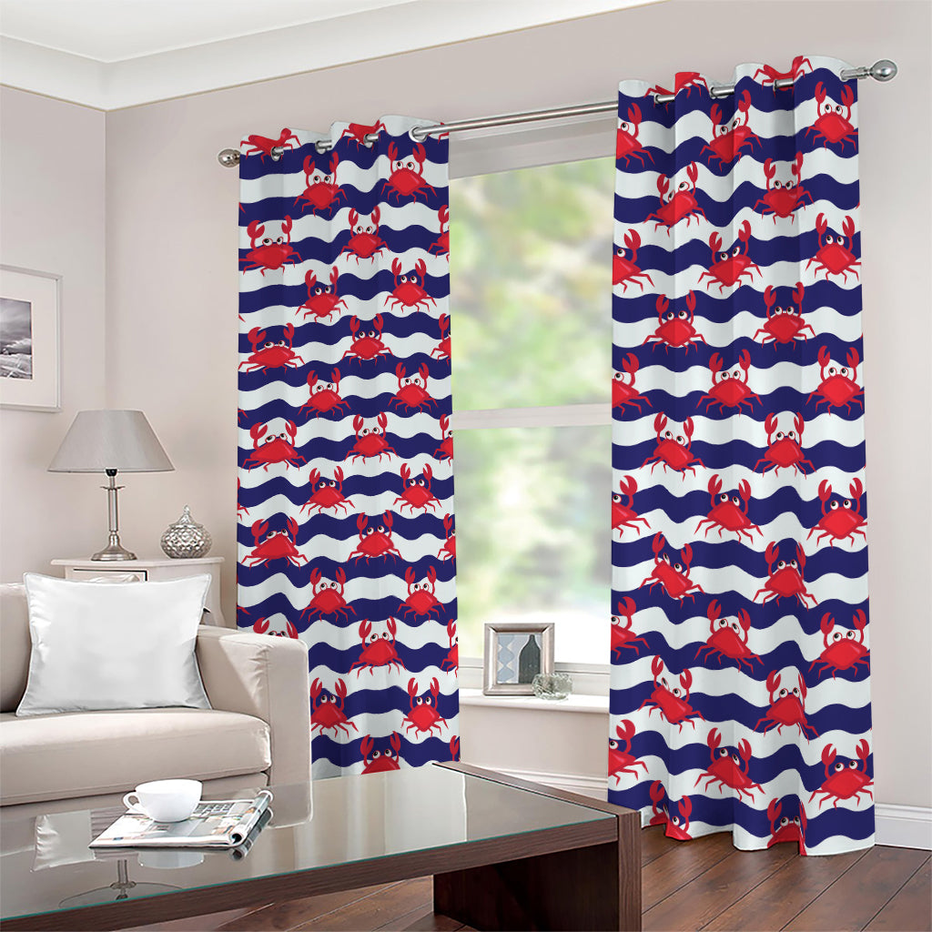 Blue And White Wave Crab Pattern Print Blackout Grommet Curtains