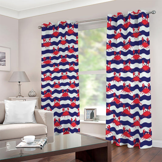 Blue And White Wave Crab Pattern Print Blackout Grommet Curtains