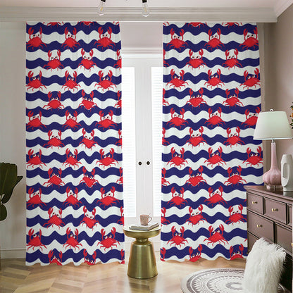 Blue And White Wave Crab Pattern Print Blackout Pencil Pleat Curtains