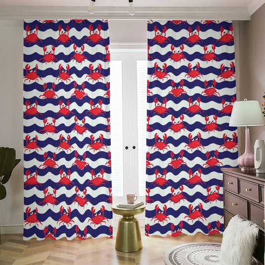 Blue And White Wave Crab Pattern Print Blackout Pencil Pleat Curtains