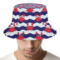 Blue And White Wave Crab Pattern Print Bucket Hat