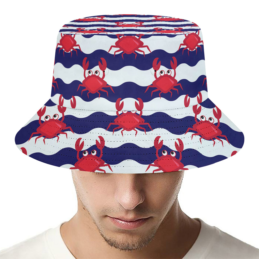 Blue And White Wave Crab Pattern Print Bucket Hat
