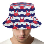 Blue And White Wave Crab Pattern Print Bucket Hat