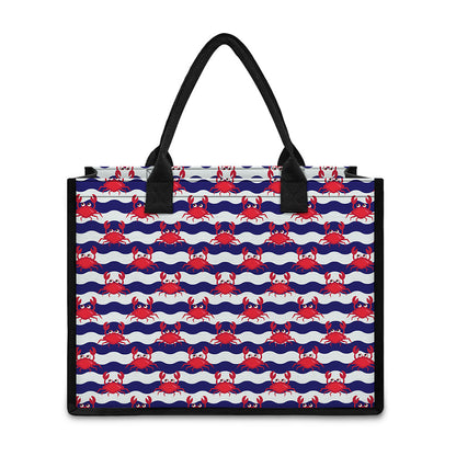 Blue And White Wave Crab Pattern Print Canvas Tote Bag