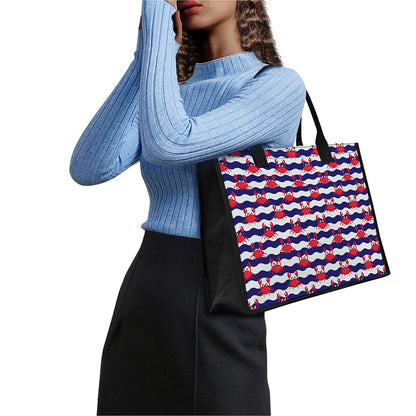 Blue And White Wave Crab Pattern Print Canvas Tote Bag