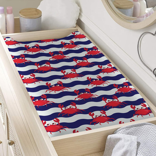 Blue And White Wave Crab Pattern Print Changing Pad Cover