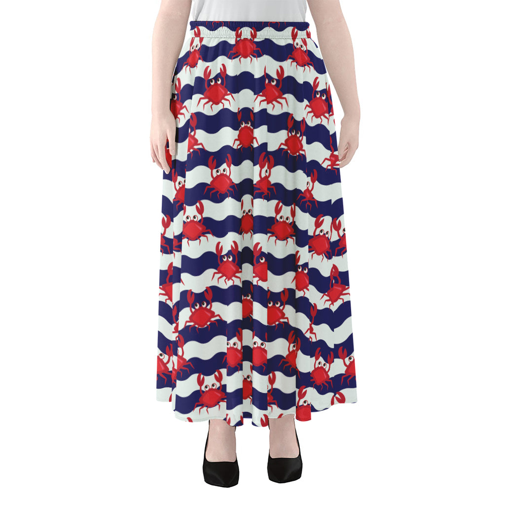 Blue And White Wave Crab Pattern Print Chiffon Maxi Skirt