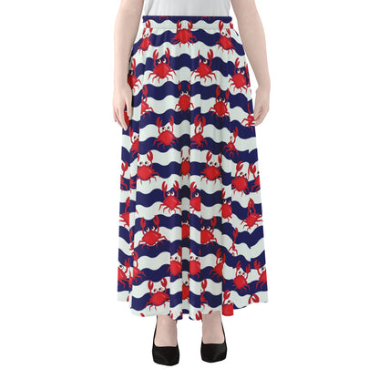 Blue And White Wave Crab Pattern Print Chiffon Maxi Skirt