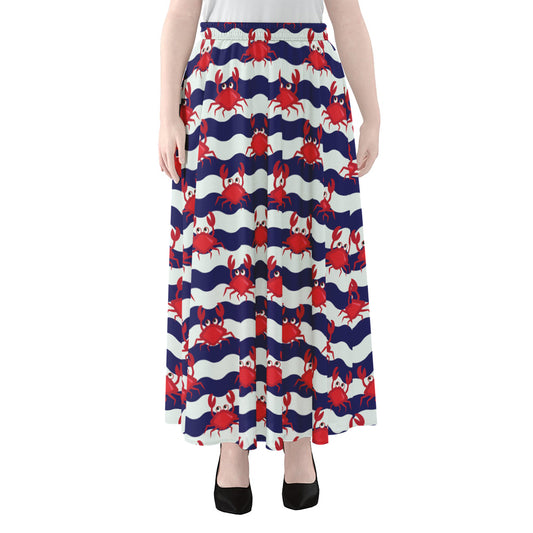 Blue And White Wave Crab Pattern Print Chiffon Maxi Skirt