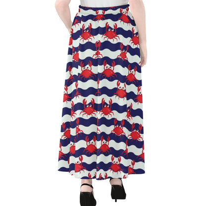 Blue And White Wave Crab Pattern Print Chiffon Maxi Skirt