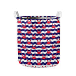 Blue And White Wave Crab Pattern Print Collapsible Laundry Basket