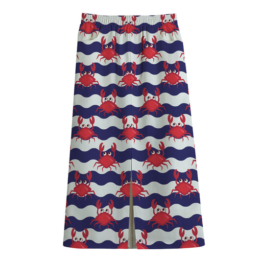 Blue And White Wave Crab Pattern Print Cotton Front Slit Maxi Skirt