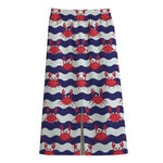 Blue And White Wave Crab Pattern Print Cotton Front Slit Maxi Skirt