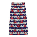 Blue And White Wave Crab Pattern Print Cotton Front Slit Maxi Skirt
