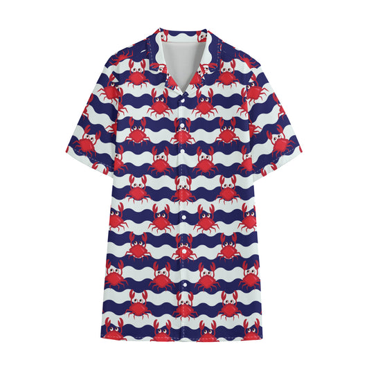 Blue And White Wave Crab Pattern Print Cotton Hawaiian Shirt