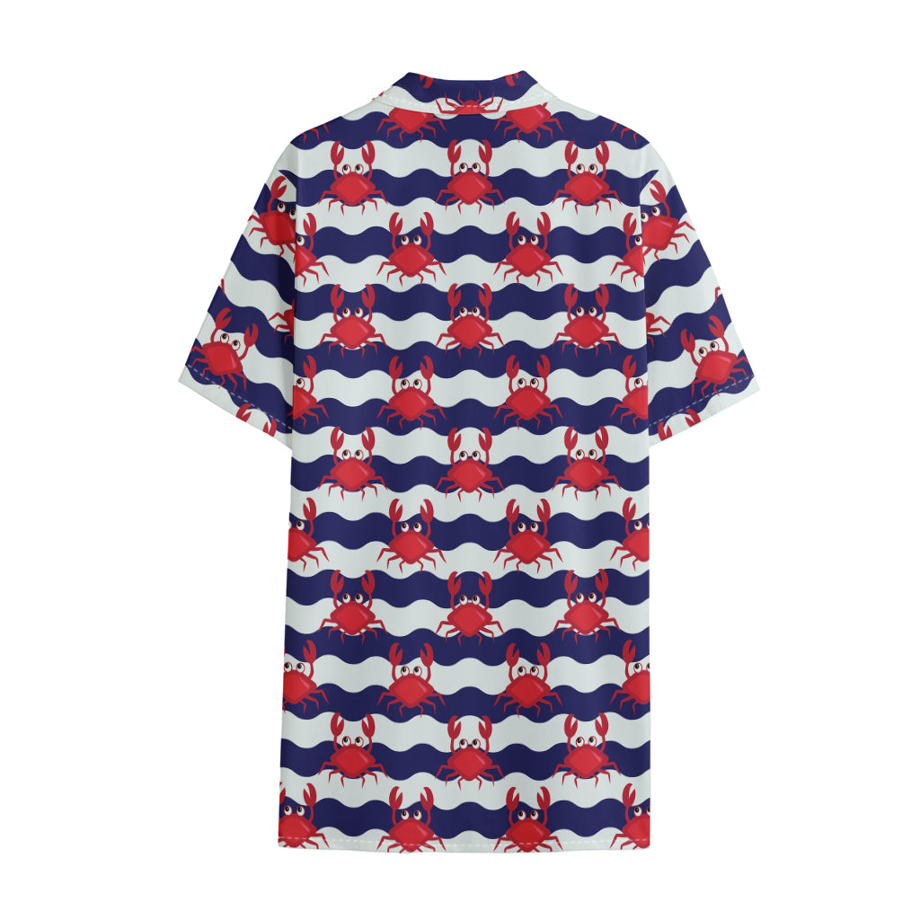 Blue And White Wave Crab Pattern Print Cotton Hawaiian Shirt