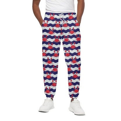 Blue And White Wave Crab Pattern Print Cotton Pants