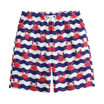 Blue And White Wave Crab Pattern Print Cotton Shorts