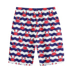 Blue And White Wave Crab Pattern Print Cotton Shorts