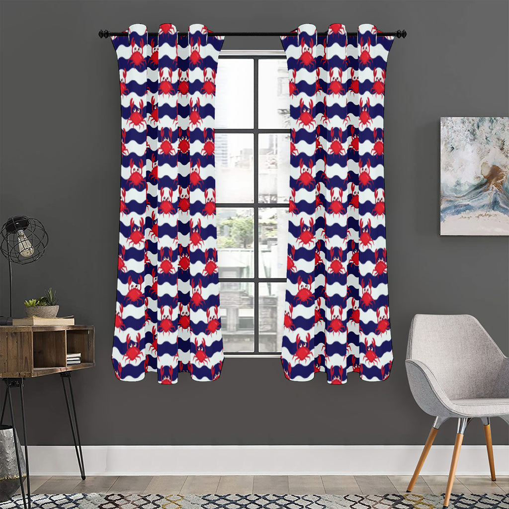 Blue And White Wave Crab Pattern Print Curtain