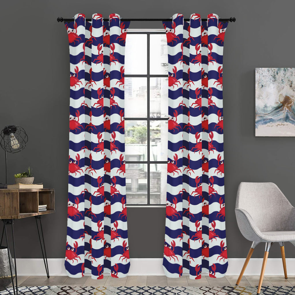 Blue And White Wave Crab Pattern Print Curtain