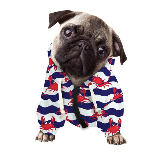 Blue And White Wave Crab Pattern Print Dog Zip Up Hoodie
