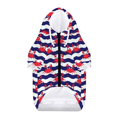 Blue And White Wave Crab Pattern Print Dog Zip Up Hoodie