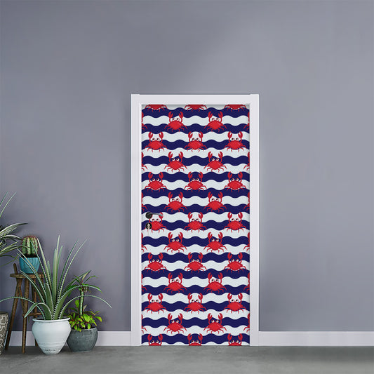 Blue And White Wave Crab Pattern Print Door Sticker