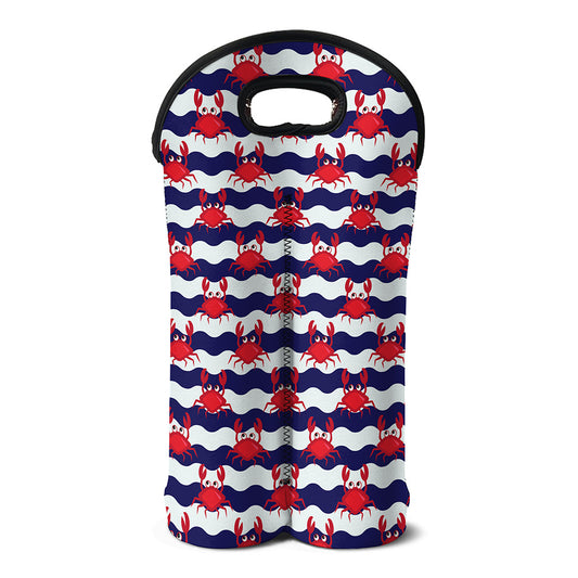 Blue And White Wave Crab Pattern Print Double Neoprene Wine Tote