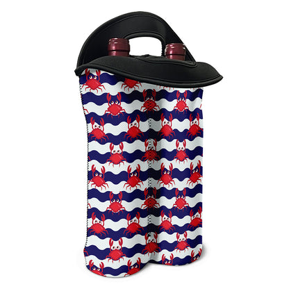 Blue And White Wave Crab Pattern Print Double Neoprene Wine Tote
