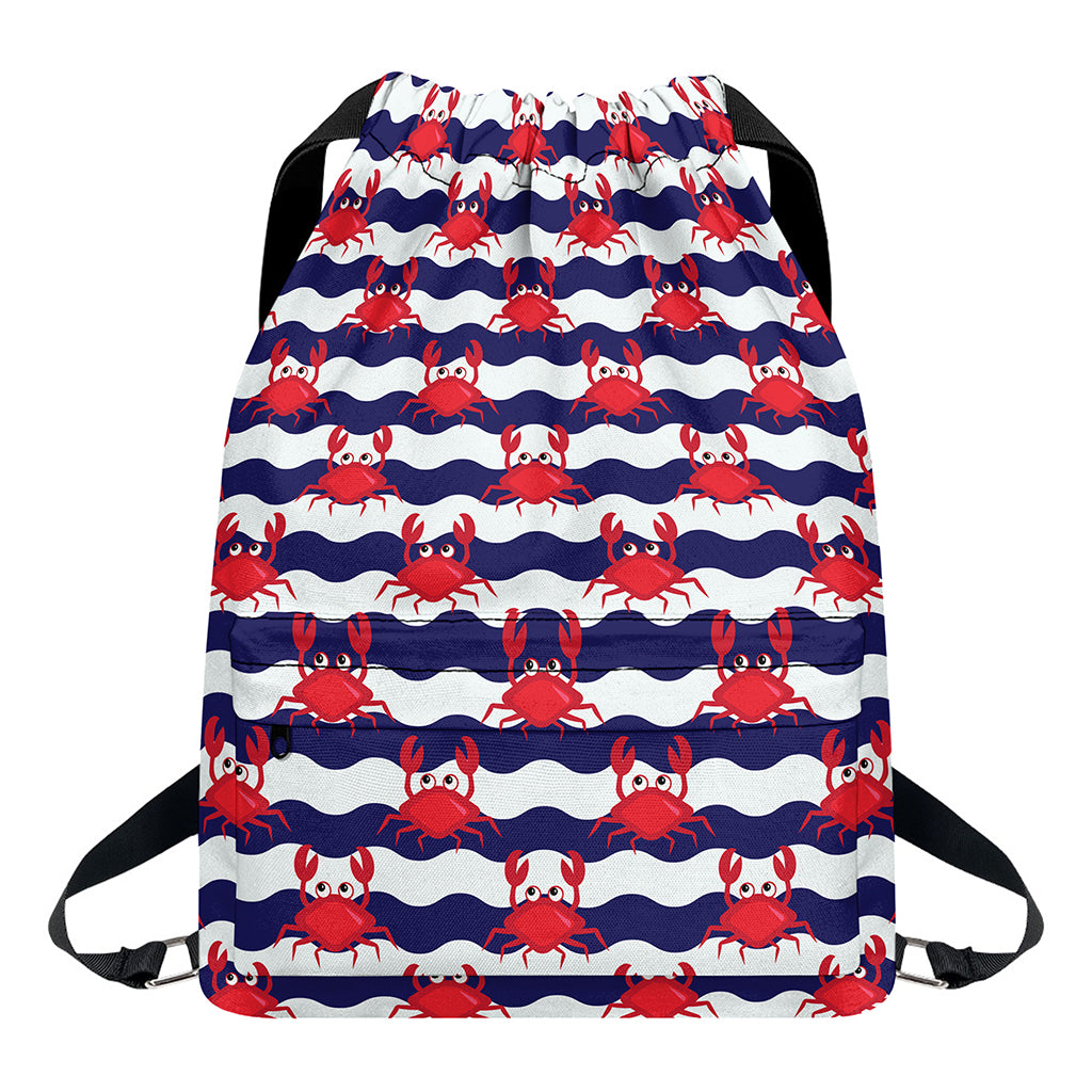 Blue And White Wave Crab Pattern Print Drawstring Backpack