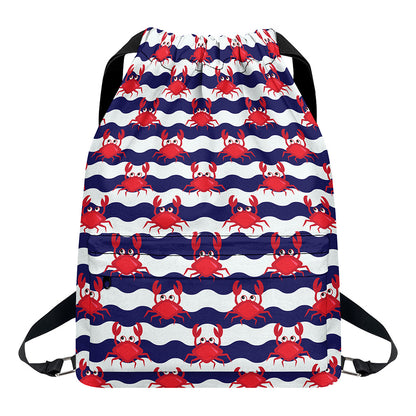 Blue And White Wave Crab Pattern Print Drawstring Backpack